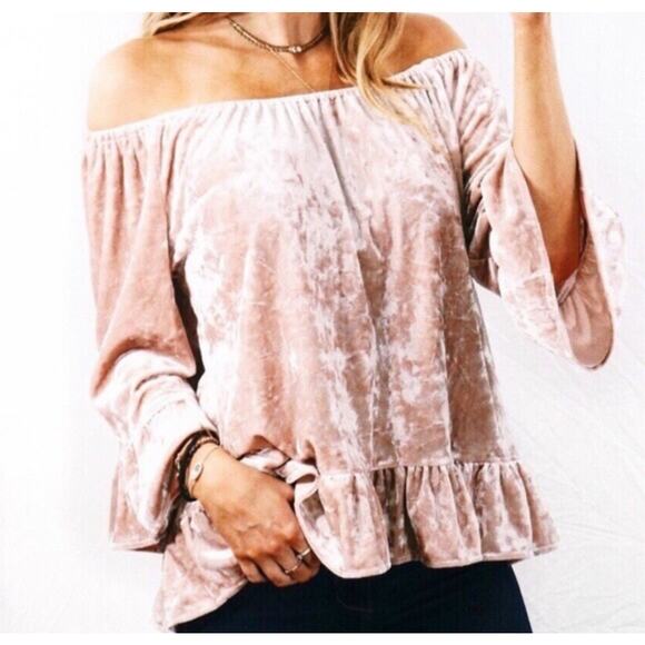 Anthropologie Sanctuary‎ Boho Women Pink Crushed Velvet Peplum Blouse Ruffle L - Picture 1 of 9